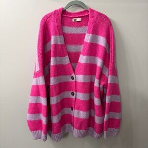 SO Women's Pink and Purple Striped V Neck Long Sleeve Cardigan 2X
